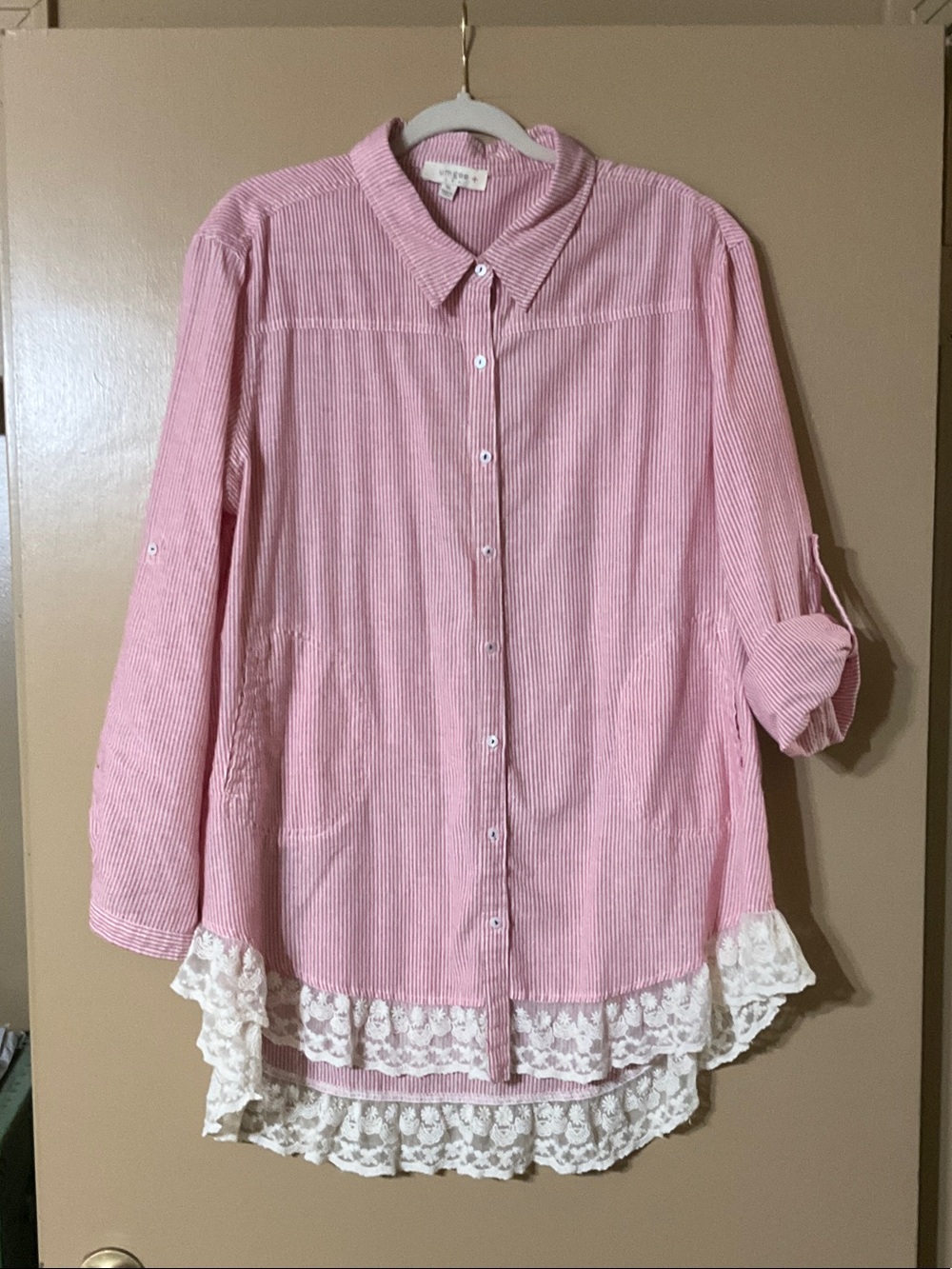 Umgee Pink & White Striped Button-Down Tunic with Lace Hem